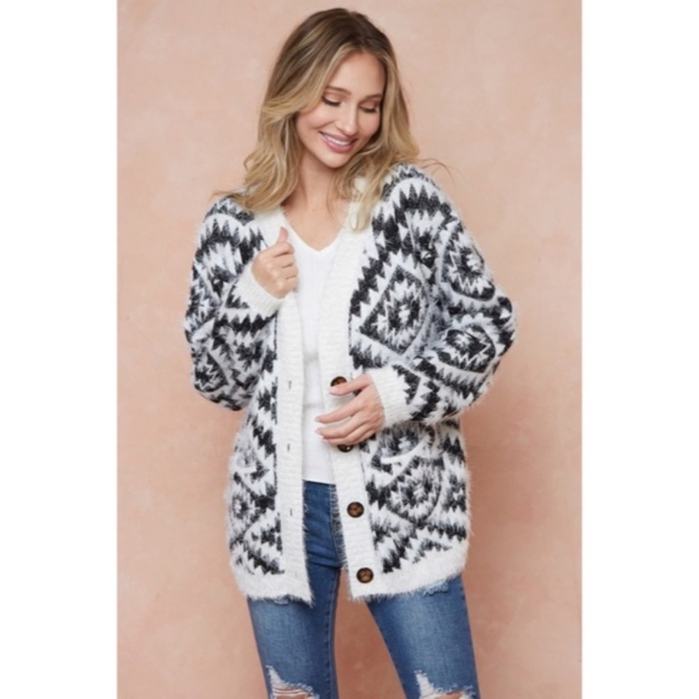 SOLD OUT Ivory & Black Fuzzy Soft Eyelash Aztec Tribal Button Up Knit Cardigan - Picture 2 of 9